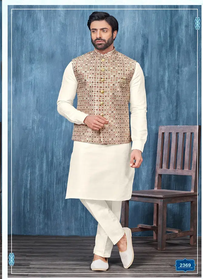 Designer Party Wear Art Banarasi Silk Mens Modi Jacket Kurta Pajama Wholesale Online