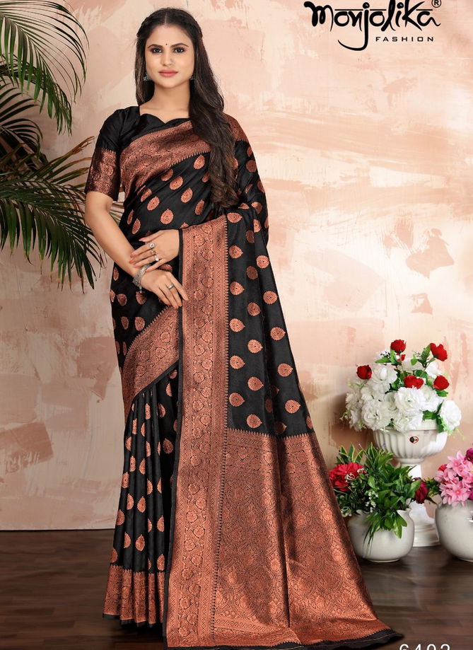 Black Colour Mahadevi By Monjolika Banarasi Silk Saree Catalog 6402