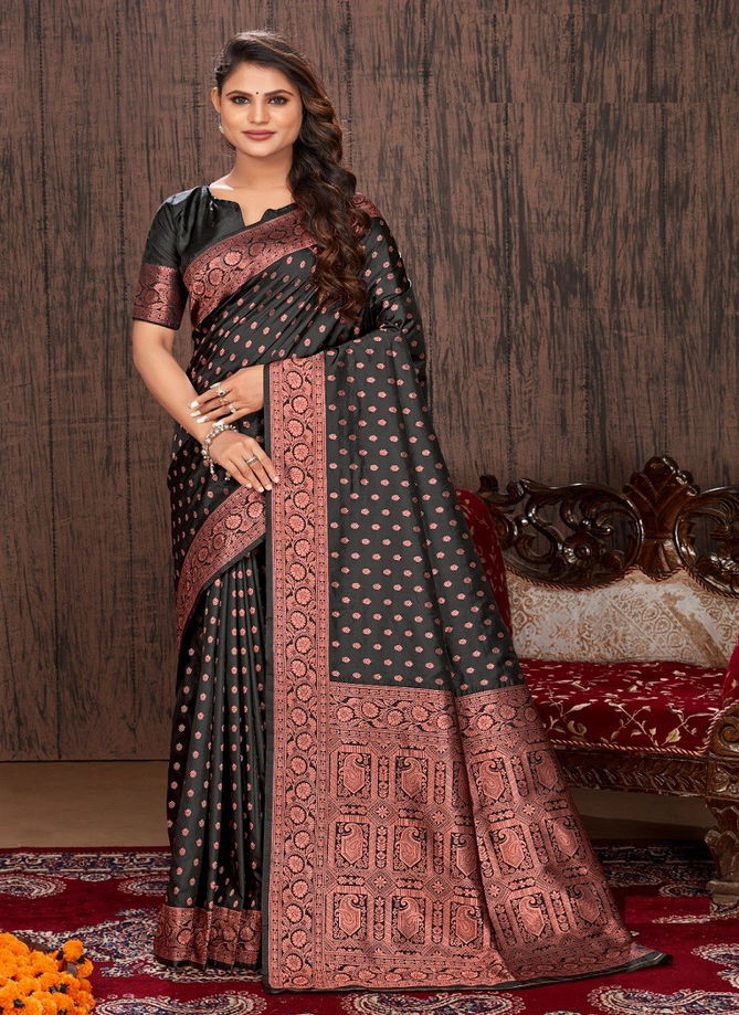 Black Colour Mahisha By Monjolika Silk Saree Catalog 6203