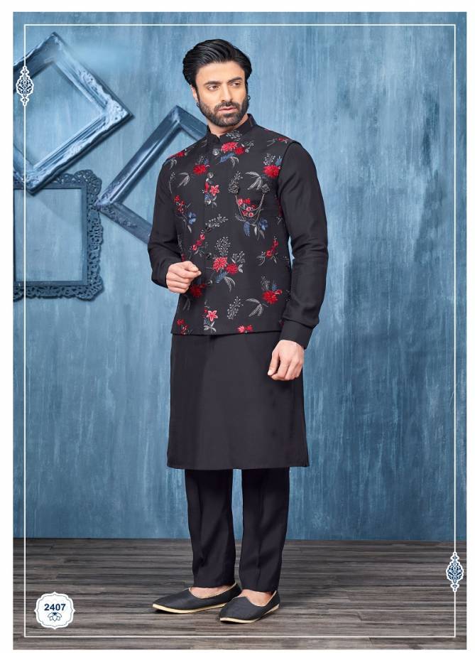 Designer Party Wear Art Embroidered Banarasi Silk Mens Modi Jacket Kurta Pajama Wholesale Online