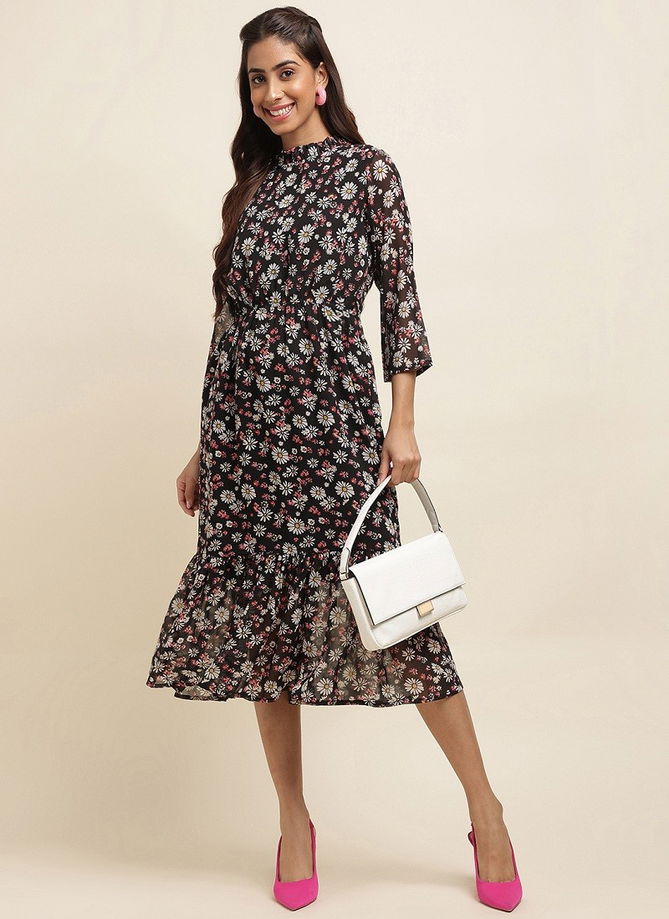 Raisin American Crepe Party Wear Western Midi Dress Catalog