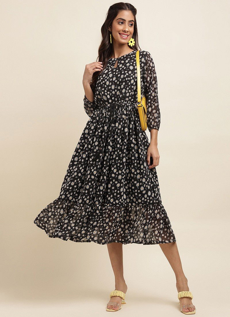 Raisin American Crepe Party Wear Western Midi Dress Catalog