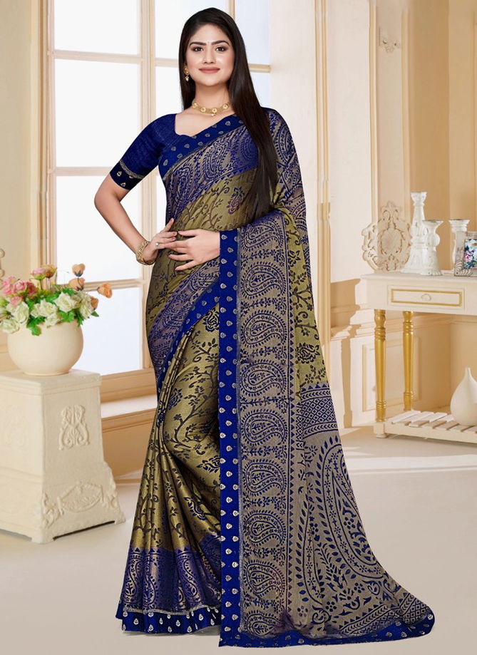 Blue And Mehendi Colour Roopvati Brasso Hits Printed Wholesalr Chiffon Sarees 27226