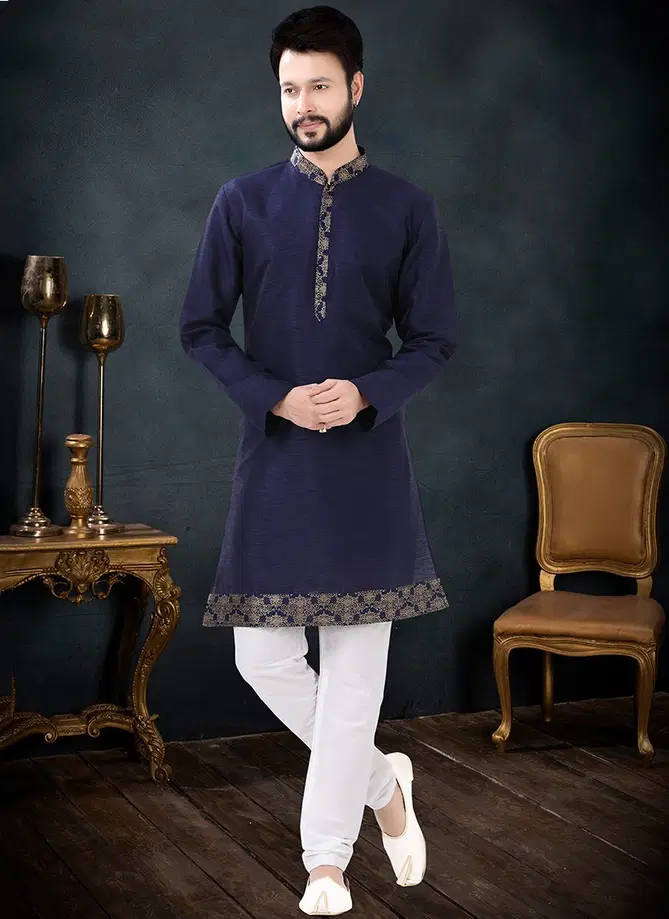 Blue And White Colour Party Wear Mens Wholesale Kurta Set 1720