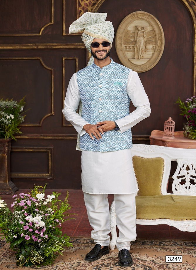 1643 Party Wear Art Banarasi Silk Mens Modi Jacket Kurta Pajama Wholesale Online