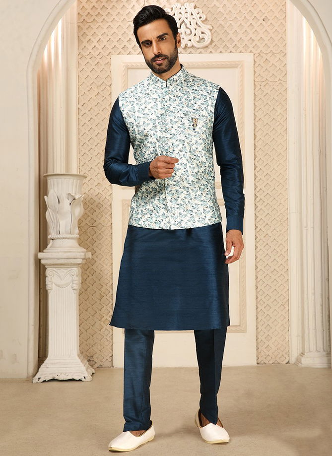 Blue Colour Function Wear Wholesale Kurta Pajama With Jacket Collection 1373