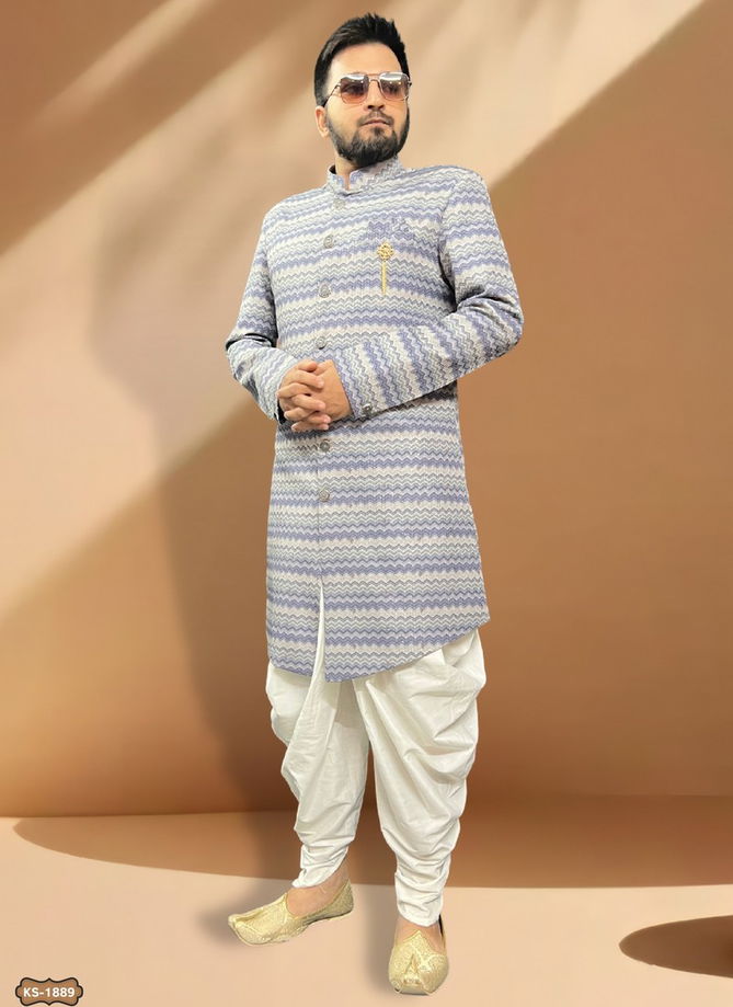 Blue Colour Mens Wedding Wear Indo Western Catalog 1889