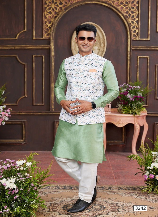 1643 Party Wear Art Banarasi Silk Mens Modi Jacket Kurta Pajama Wholesale Online