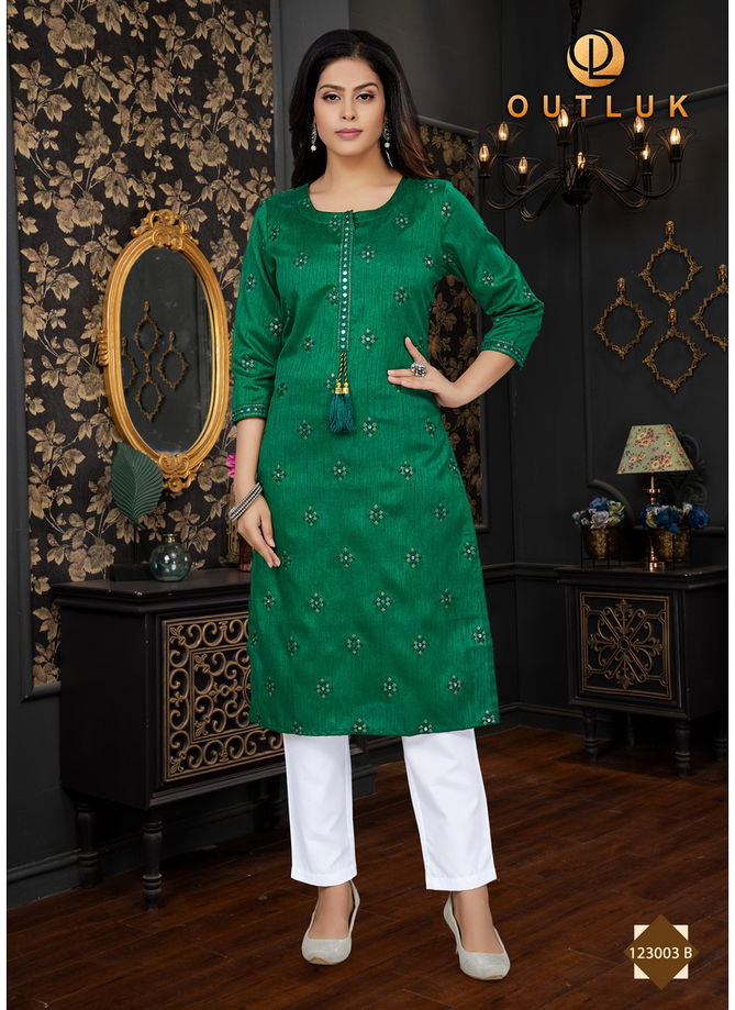 Bottle Green Colour Outluk Vol 123 B Ladies kurti With Bottom Catalog 123003 B