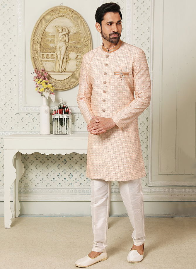 Cream And Orange Colour Party Wear Nawabi Wholesale Indo Western Catalog 1212