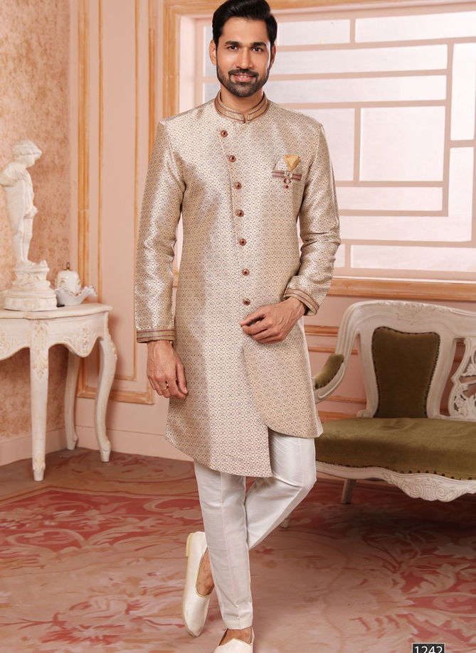 Cream And White Wedding Wear Mens Wholesale Indo Western Catalog 1242