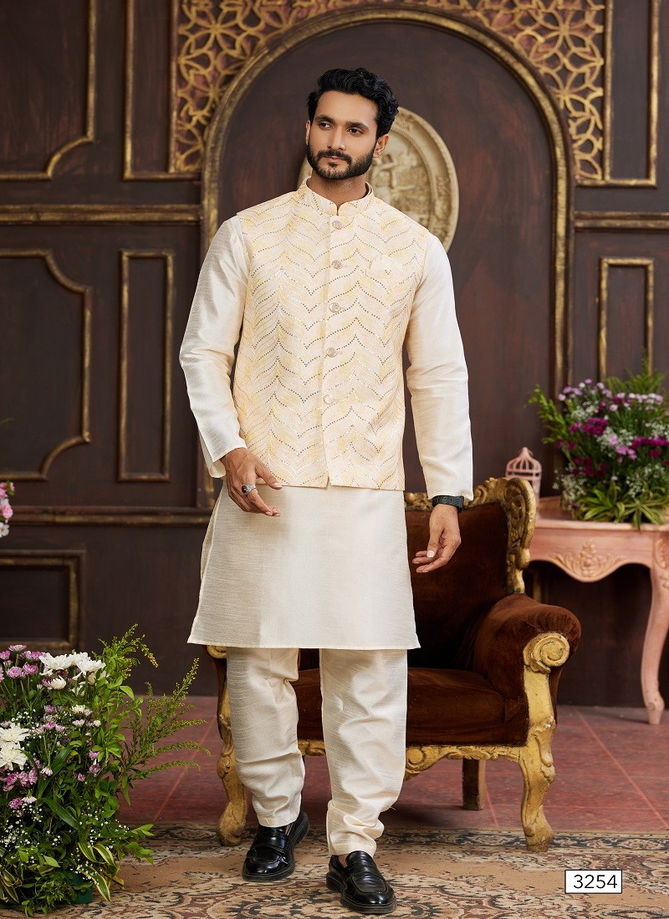 1643 Party Wear Art Banarasi Silk Mens Modi Jacket Kurta Pajama Wholesale Online