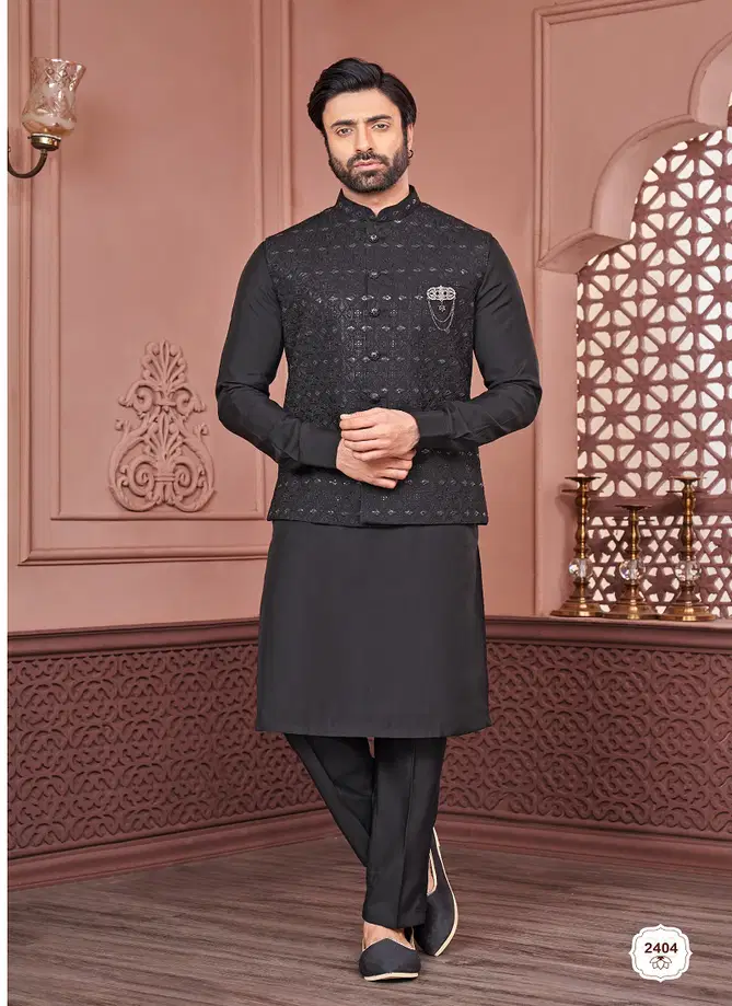 Designer Party Wear Art Embroidered Banarasi Silk Mens Modi Jacket Kurta Pajama Wholesale Online