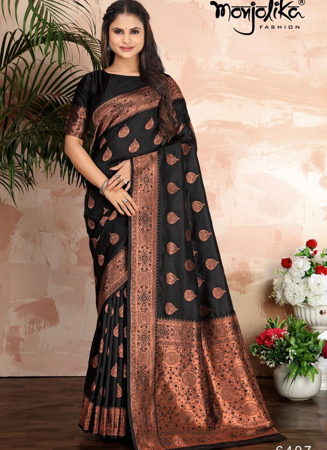 Dark Black Mahadevi By Monjolika Banarasi Silk Saree Catalog 6407