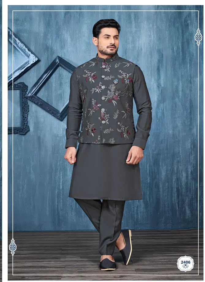 Designer Party Wear Art Embroidered Banarasi Silk Mens Modi Jacket Kurta Pajama Wholesale Online