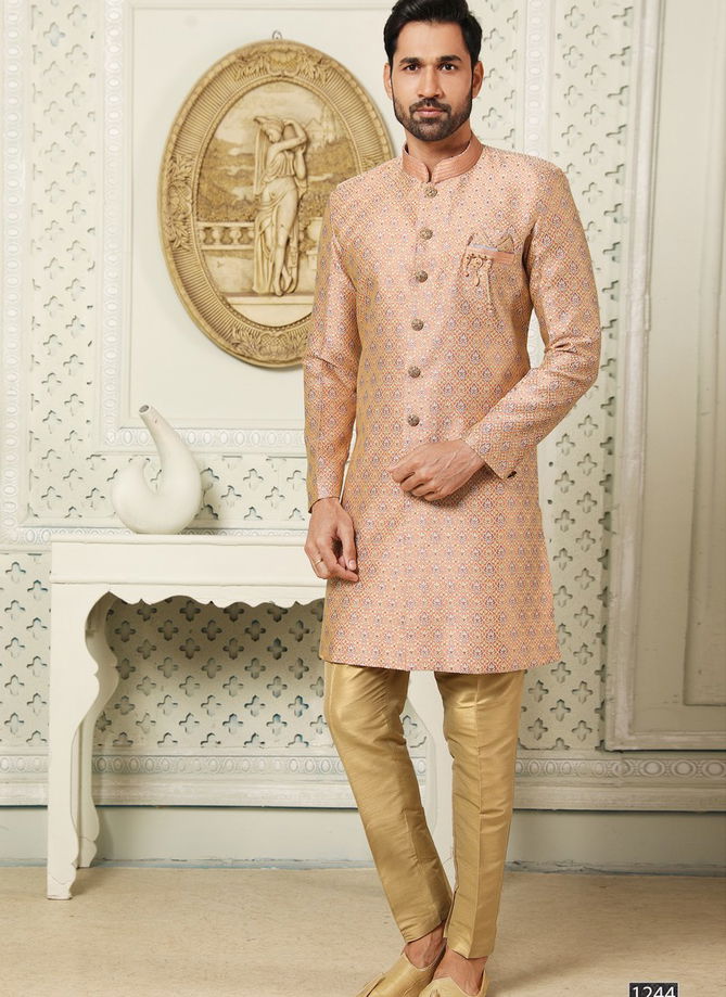 Dark Peach Colour Wedding Wear Mens Wholesale Indo Western Catalog 1244