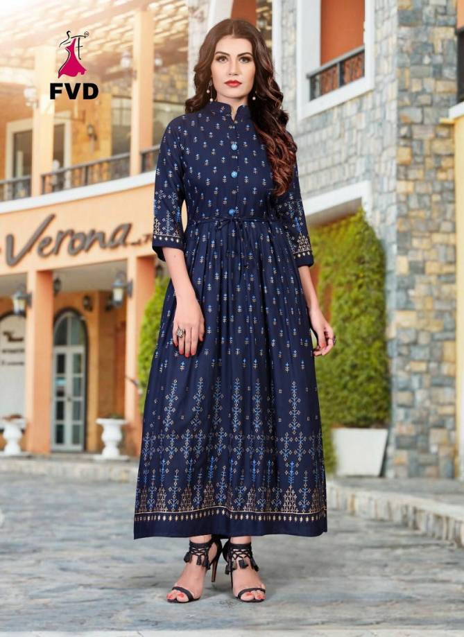 Blue Elegant FVD Rung Vol 01 Latest Designer and Party Wear Foil Printed Rayon Long Gown Collection 103