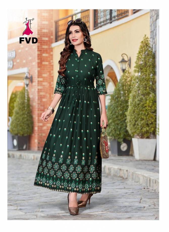 Green FVD Rung Vol 01 Latest Designer Foil Printed Rayon Long Gown Collection 107