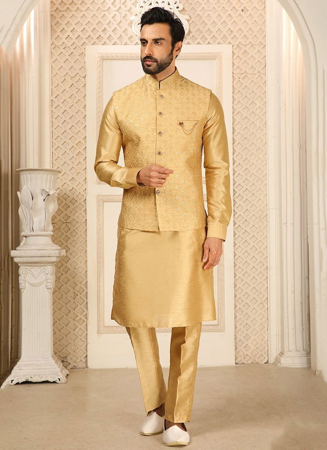 Gold Colour Ethnic Wear Wholesale Kurta Pajama With Jacket Collection 1301