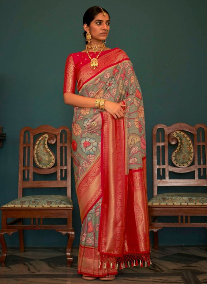 Gray And Red Colour Kalamkatha Designer Wholesale Silk Sarees Catalog 2046