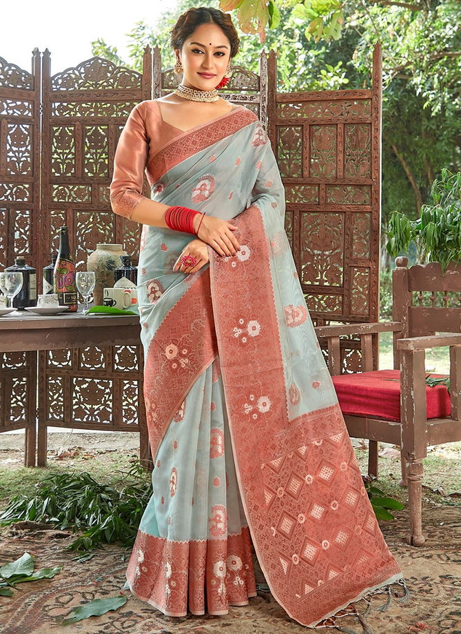 Gray And Sky Colour Mahotsav By Sangam Printed Sarees Catalog 1001