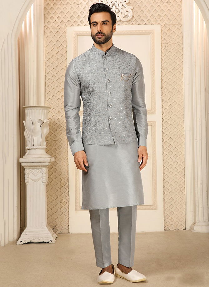 Gray Function Wear Wholesale Kurta Pajama With Jacket Collection 1371