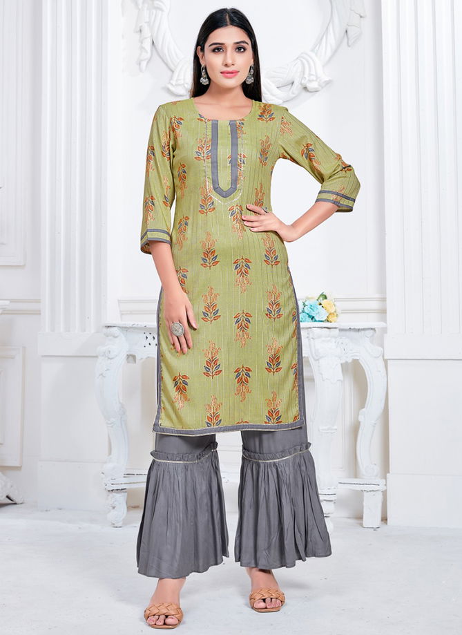 Green And Gray Colour Ladli Fancy Wear Wholesale Kurti With Bottom 1467