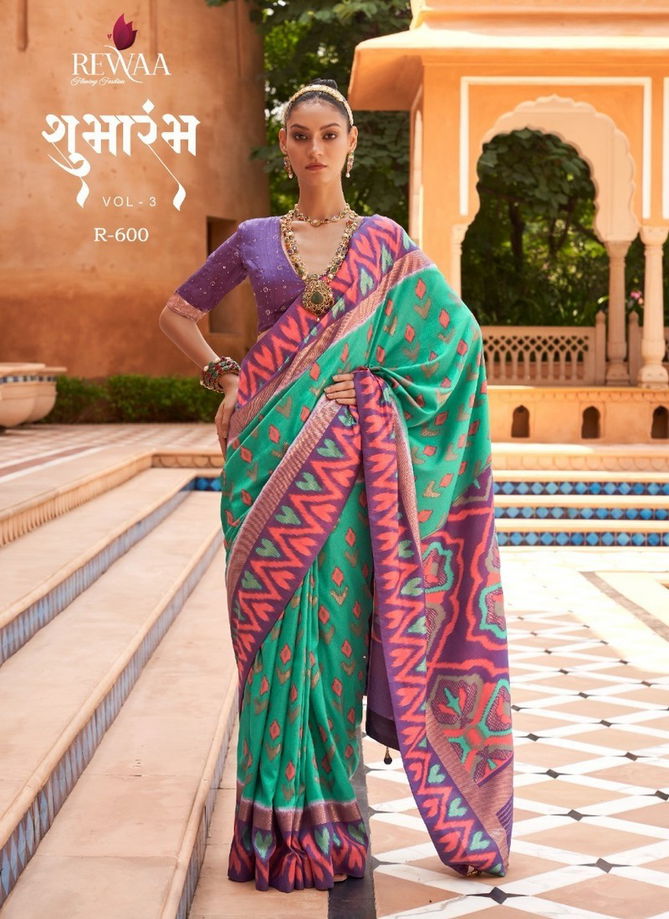 Green And Purple Colour Shubharambh Vol 3 By Rewaa Printed Saree Catalog 600