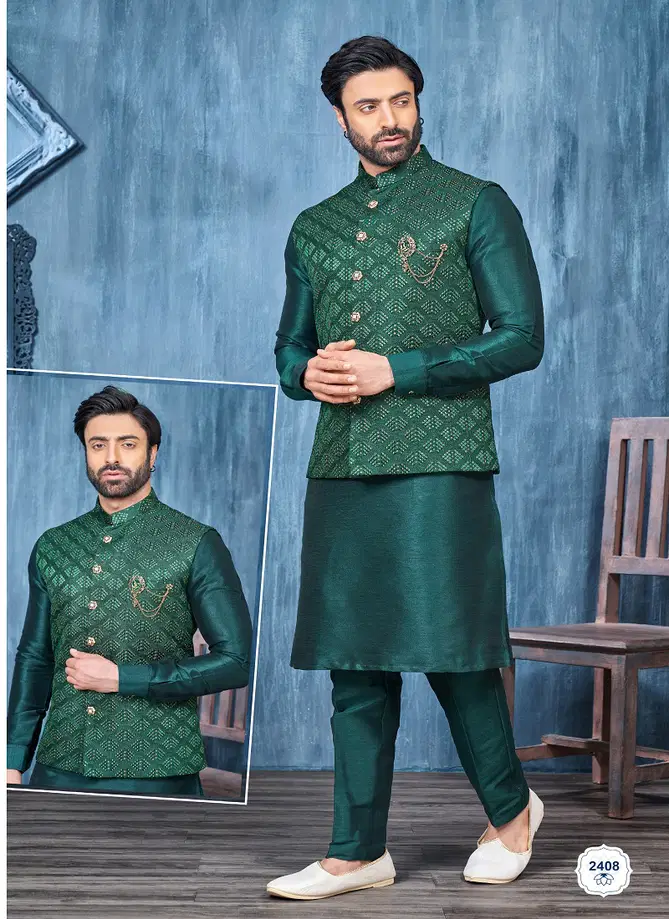 Designer Party Wear Art Embroidered Banarasi Silk Mens Modi Jacket Kurta Pajama Wholesale Online