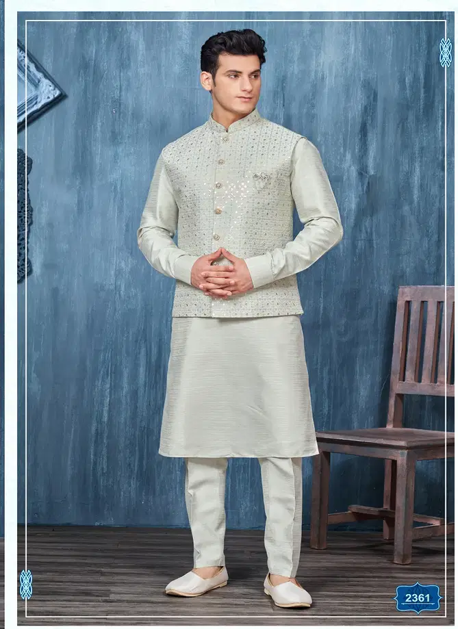 Designer Party Wear Art Banarasi Silk Mens Modi Jacket Kurta Pajama Wholesale Online