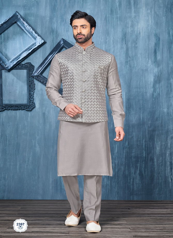 Wedding Wear Art Embroidered Banarasi Silk Mens Modi Jacket Kurta Pajama Wholesale Manufacturers