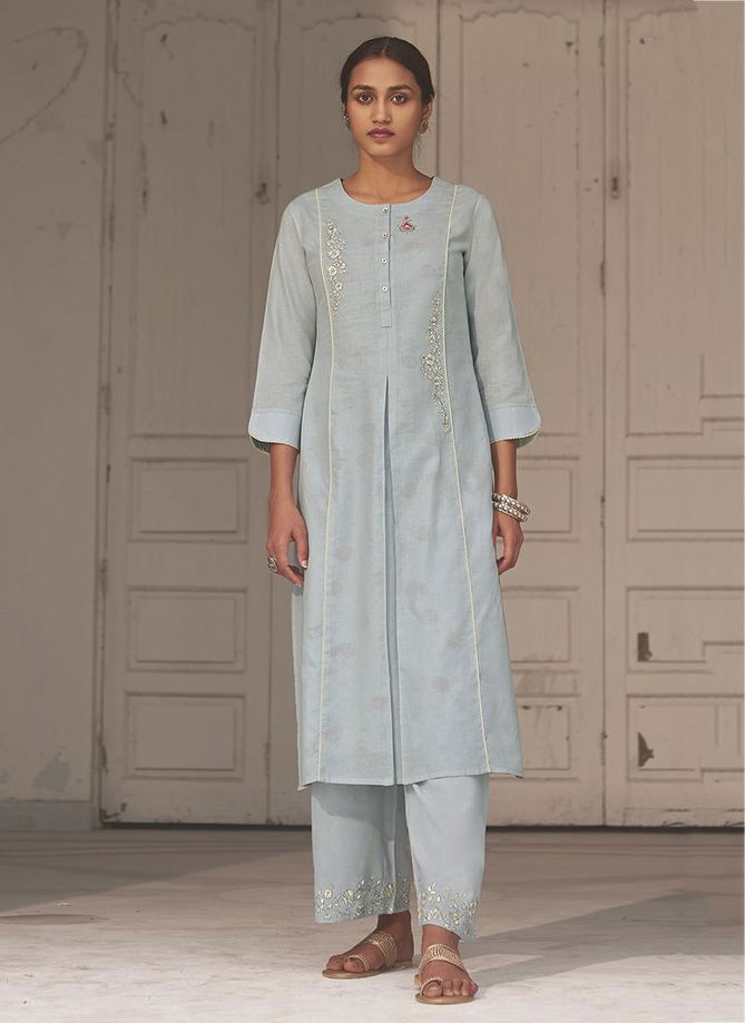 Sky Blue Saanjh Omtex Linen Cotton party wear Designer Handwork Rich Look Kurtis comes with palazzo Collection 55