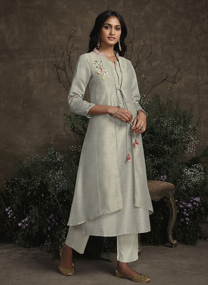 Light Grey Designer Royal Garden Silk Heavy Party Wear Handowork Readymade Kurtis with Palazzo 941