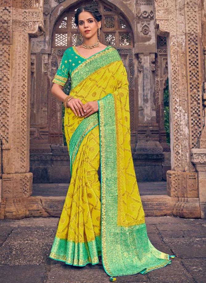 Lemon And Green Colour Madhubani Wholesale Designer Georgette Saree Catalog 1901