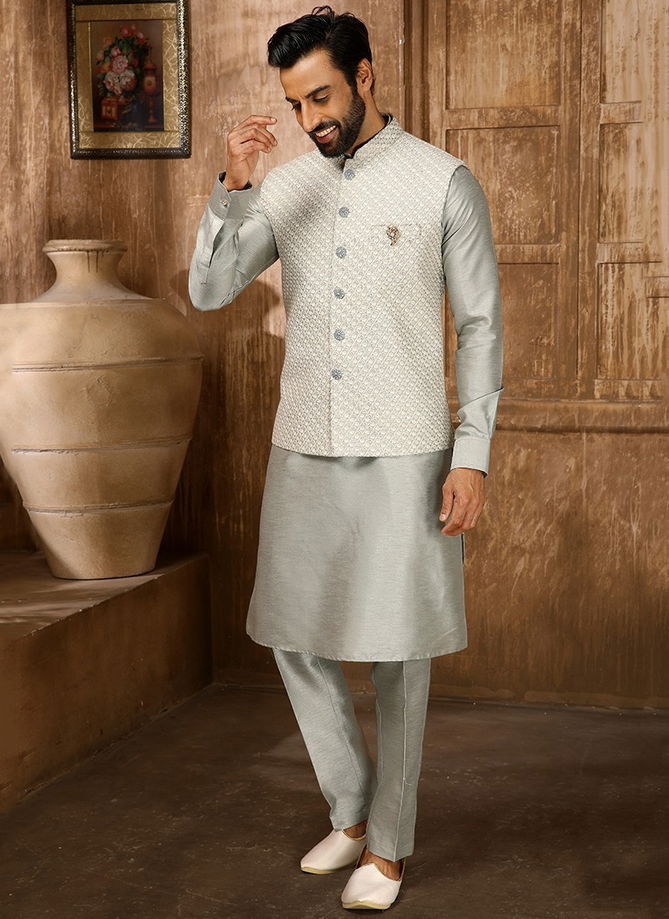 Light Gray Ethnic Wear Wholesale Kurta Pajama With Jacket Collection 1315