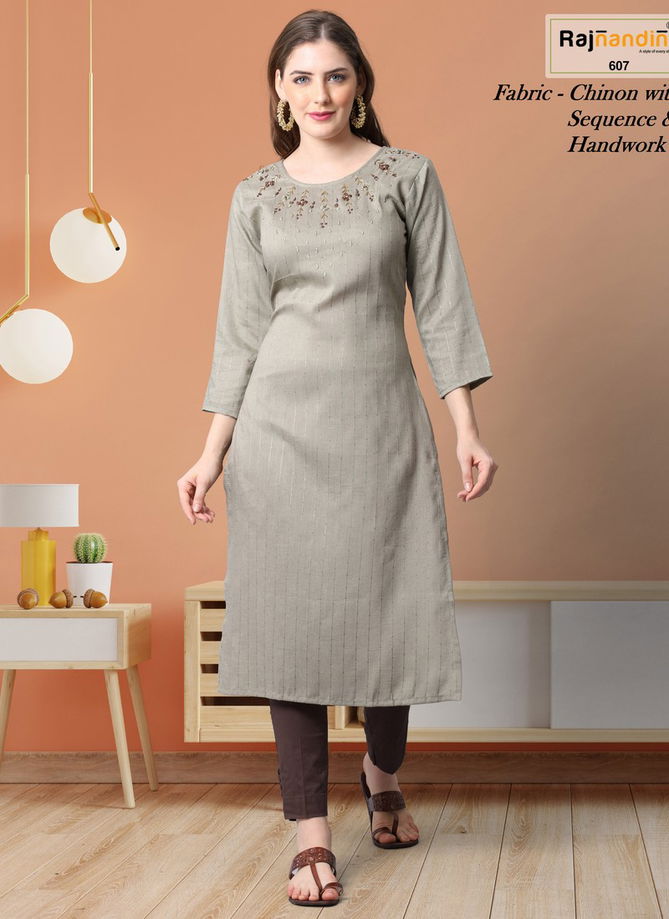 Light Gray Colour Kavya By Rajnandini Cotton Kurti Catalog 607