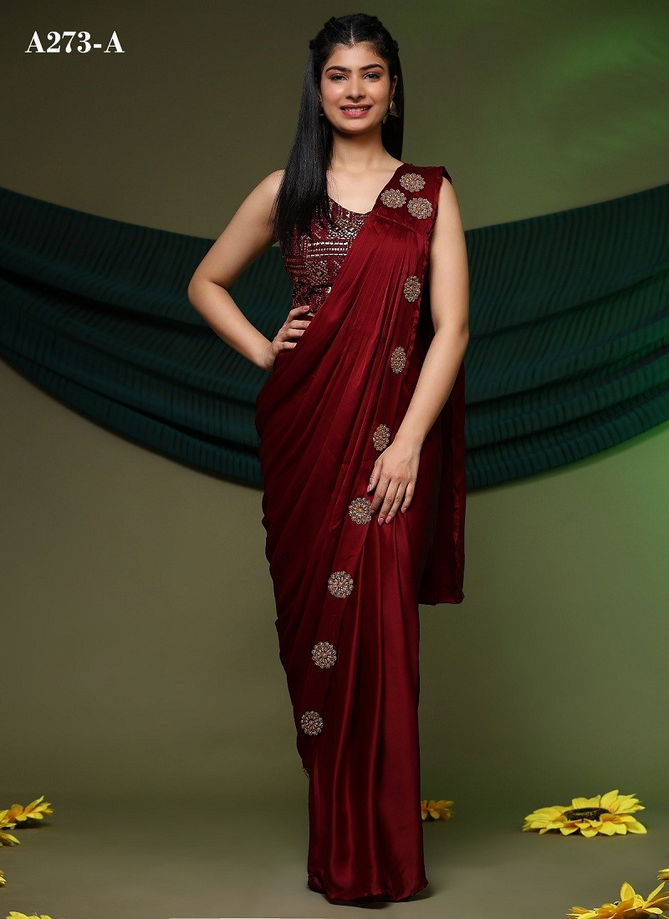 Amoha A273-A and A273-B Pure Satin Embroidred Readymade Saree Surat Wholesale Market