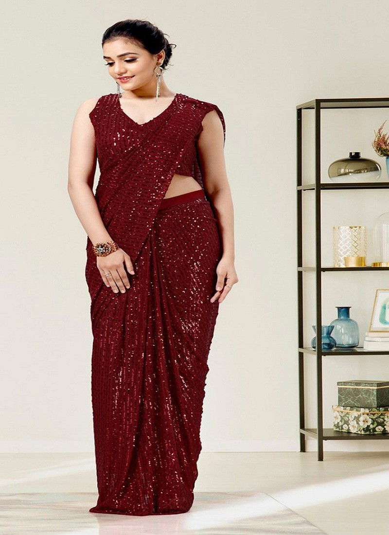 Maroon Colour BT 271 Georgette Fancy Sequnce Work Party Wear Saree Catalog BT 271 E