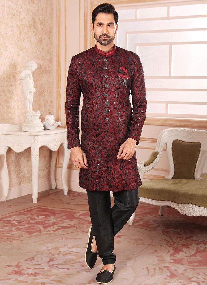 Maroon Colour Party Wear Nawabi Wholesale Indo Western Catalog 1218