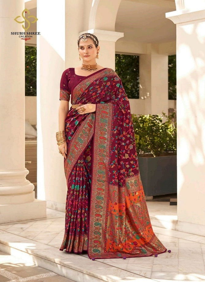 Pashmina By Shubh Shree Velvet Tussar Silk Designer Saree Catalog