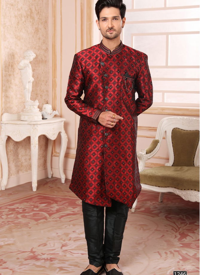 Maroon Colour Wedding Wear Mens Wholesale Indo Western Catalog 1246