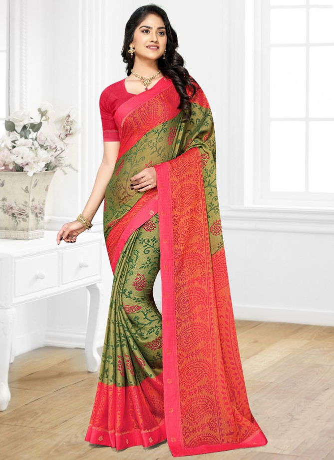 Mehendi And Pink Colour Roopvati Brasso Hits Printed Wholesalr Chiffon Sarees 26098