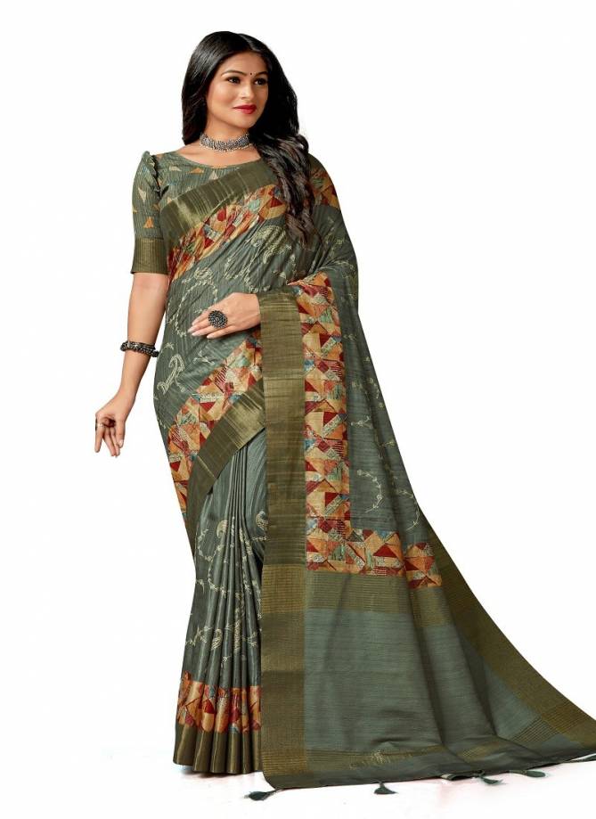 Mehendi Colour Amuska Silk Printed Designer Saree Catalog 7501