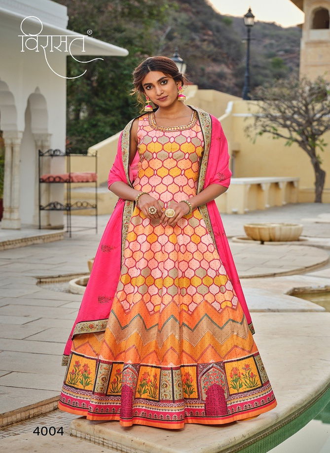 Peshwani By Virasat Cherry Silk Printed Wedding Wear Gown With Dupatta Suppliers In India