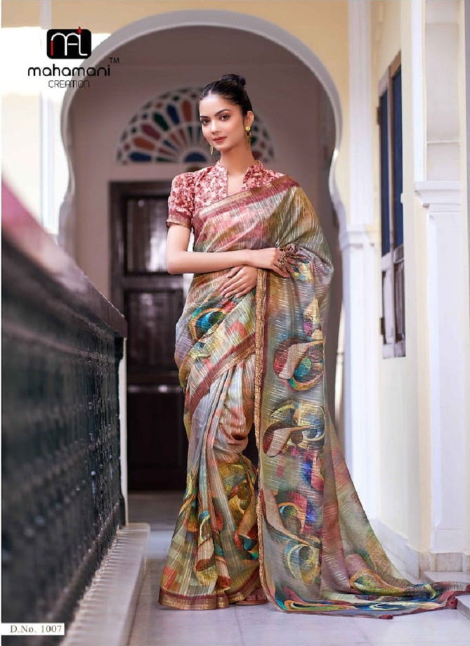 Ruby 1001 To 1012 By Mahamani Creation Digital Printed Linen Saree Surat Wholesale Market