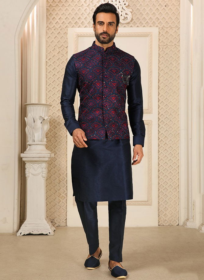 Navy Blue Function Wear Wholesale Kurta Pajama With Jacket Collection 1377