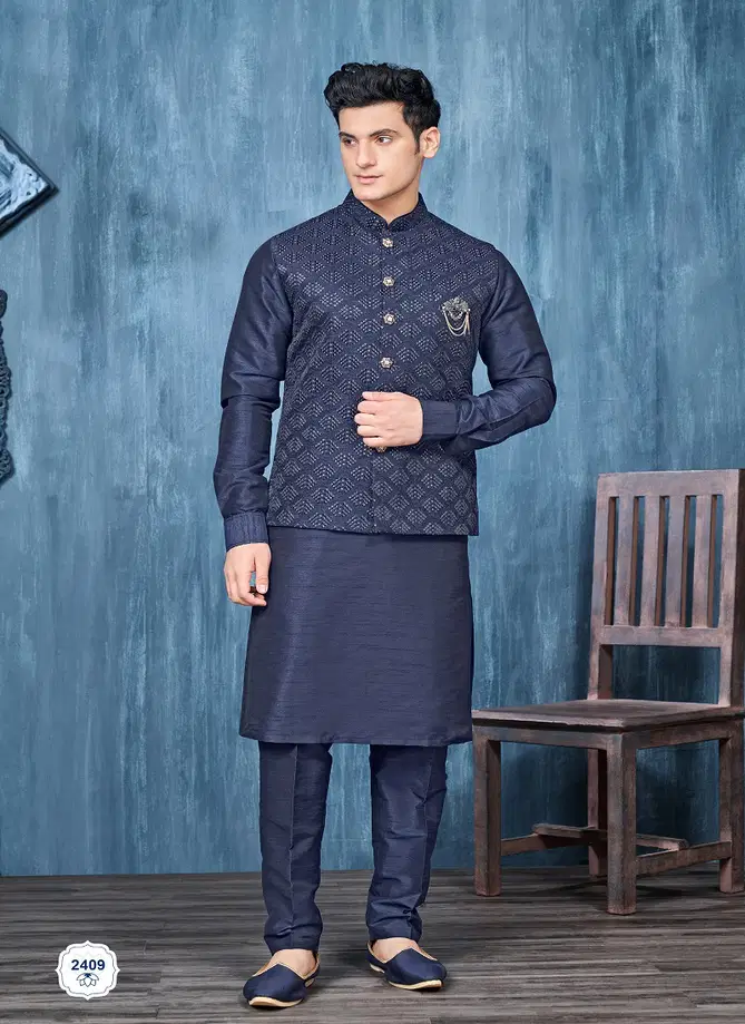 Designer Party Wear Art Embroidered Banarasi Silk Mens Modi Jacket Kurta Pajama Wholesale Online