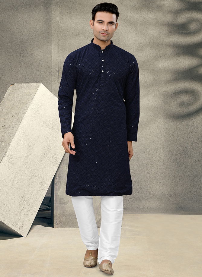 Navy Blue Colour Outluk Vol 112 Festive Wear Mens Kurta Pajama Catalog 112001