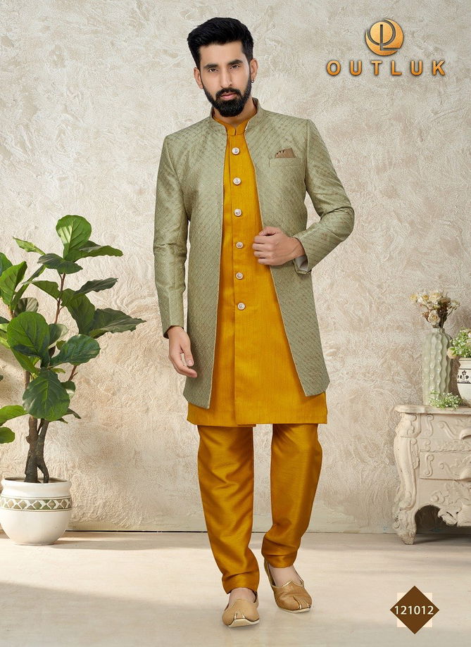 Olive And Yellow Outluk Vol 121 Mens Indowestern Catalog 121012