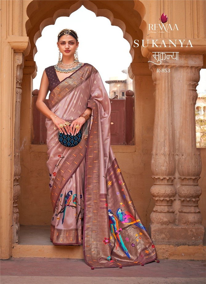 Onion Pink And Brown Colour Sukanya By Rewaa Printed Saree Catalog 853